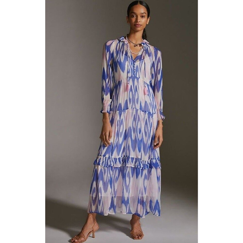 Anthropologie The Marais Chiffon Maxi Dress Ikat Blue Pink XXS NEW